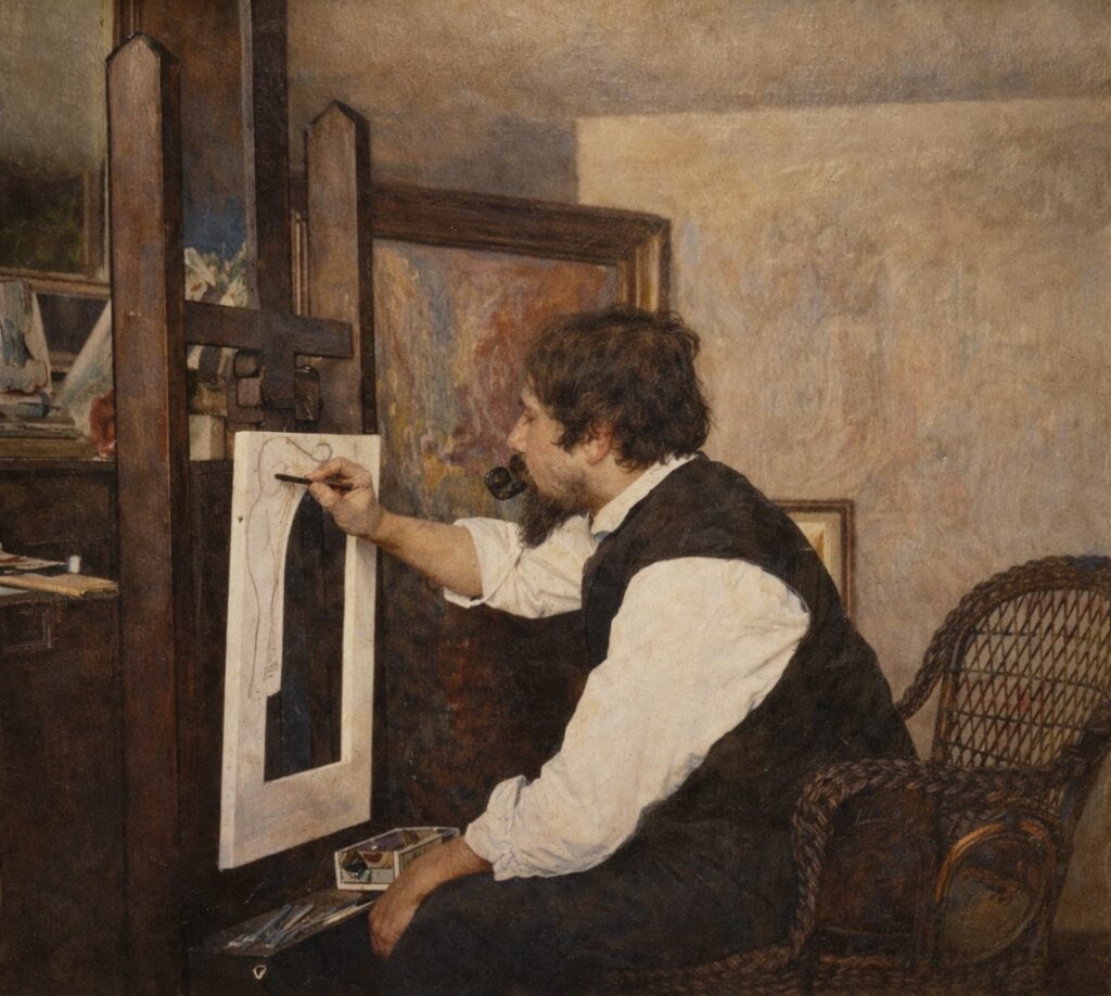 Jan Toorop bezig met het decoreren van een binnenspiegel